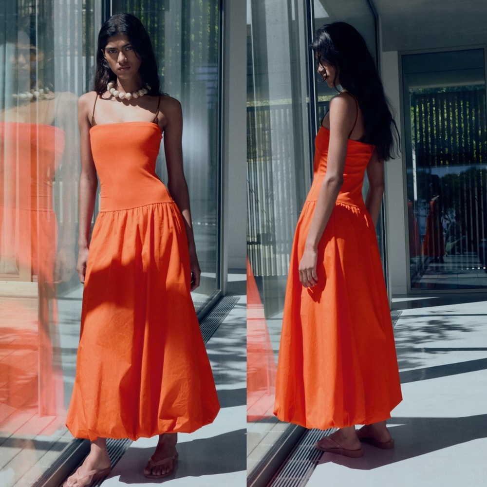 NWOT MNG MANGO Combined knitted balloon Strapless dress Bright Orange SZ-8